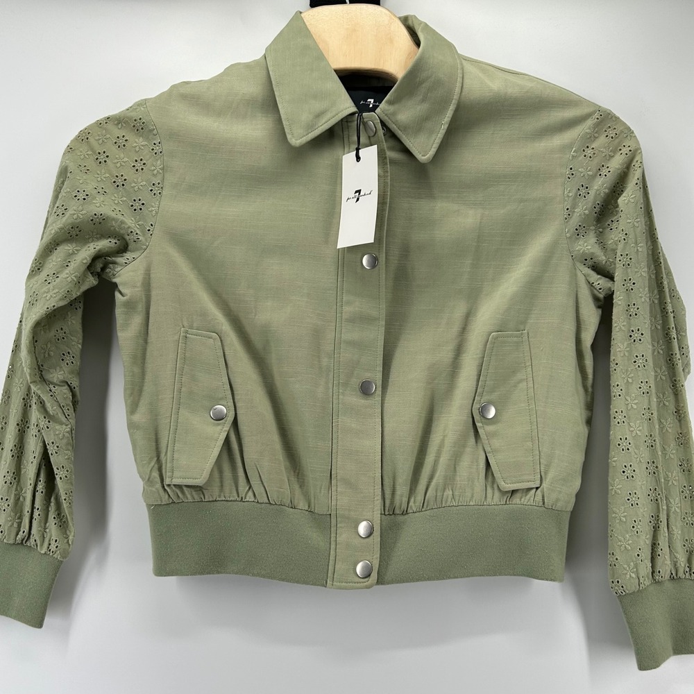 7 For All Mankind Bomber Jacket Womens Medium Sage Green Eyelet Sleeve NWT
